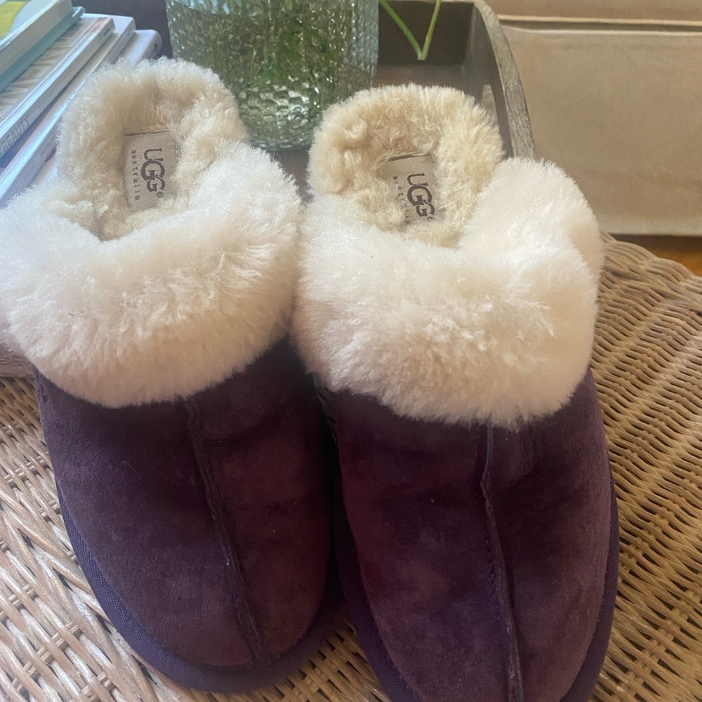 UGG Plum and Cream Shearling Slippers